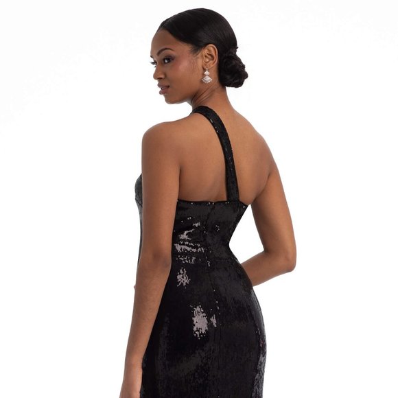Sequin One Shoulder Cut Out Black Dress - Picture 2 of 9
